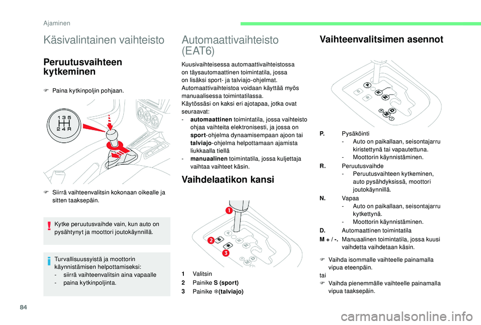 CITROEN C-ELYSÉE 2018 Omistajan Käsikirjat (in Finnish) 84
Käsivalintainen vaihteisto
Peruutusvaihteen
kytkeminen
F Paina kytkinpoljin pohjaan.Tur vallisuussyistä ja moottorin
käynnistämisen helpottamiseksi:
-
s
iirrä vaihteenvalitsin aina vapaall CITROEN C-ELYSÉE 2018 Omistajan Käsikirjat (in Finnish) 84
Käsivalintainen vaihteisto
Peruutusvaihteen
kytkeminen
F Paina kytkinpoljin pohjaan.Tur vallisuussyistä ja moottorin
käynnistämisen helpottamiseksi:
-
s
iirrä vaihteenvalitsin aina vapaall