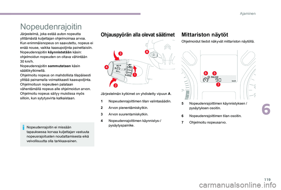 CITROEN C-ELYSÉE 2017 Omistajan Käsikirjat (in Finnish) 119
Nopeudenrajoitin
Järjestelmä, joka estää auton nopeutta
ylittämästä kuljettajan ohjelmoimaa arvoa.
Kun enimmäisnopeus on saavutettu, nopeus ei
enää nouse, vaikka kaasupoljinta painetta CITROEN C-ELYSÉE 2017 Omistajan Käsikirjat (in Finnish) 119
Nopeudenrajoitin
Järjestelmä, joka estää auton nopeutta
ylittämästä kuljettajan ohjelmoimaa arvoa.
Kun enimmäisnopeus on saavutettu, nopeus ei
enää nouse, vaikka kaasupoljinta painetta