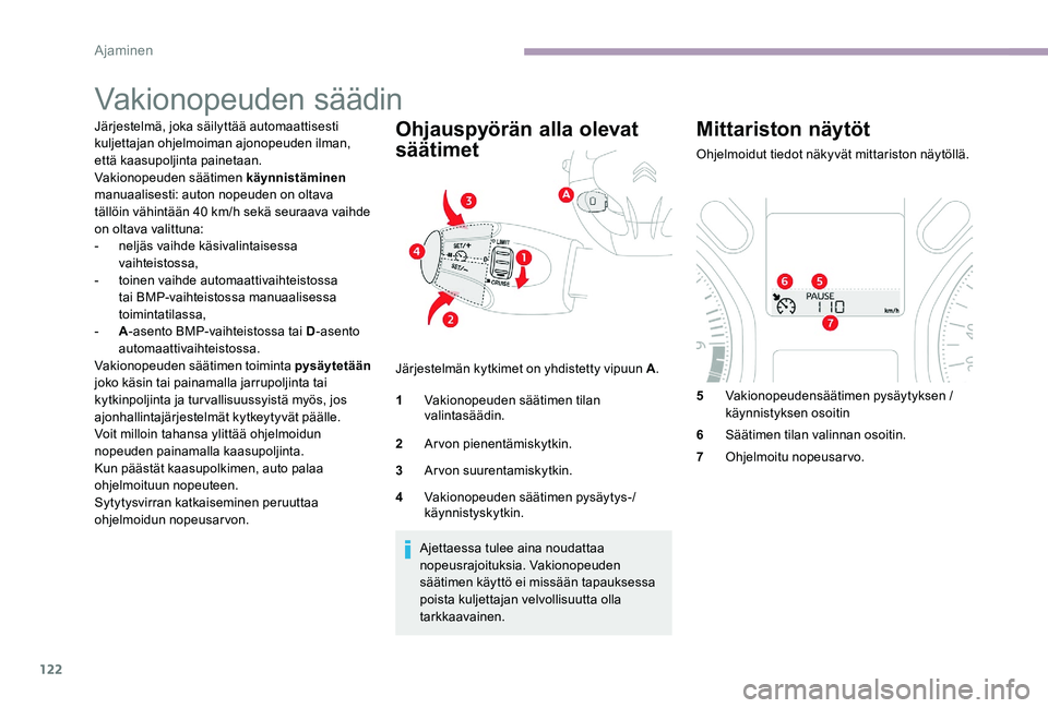 CITROEN C-ELYSÉE 2017 Omistajan Käsikirjat (in Finnish) 122
Vakionopeuden säädin
Järjestelmä, joka säilyttää automaattisesti
kuljettajan ohjelmoiman ajonopeuden ilman,
että kaasupoljinta painetaan.
Vakionopeuden säätimen käynnistäminen
manua CITROEN C-ELYSÉE 2017 Omistajan Käsikirjat (in Finnish) 122
Vakionopeuden säädin
Järjestelmä, joka säilyttää automaattisesti
kuljettajan ohjelmoiman ajonopeuden ilman,
että kaasupoljinta painetaan.
Vakionopeuden säätimen käynnistäminen
manua