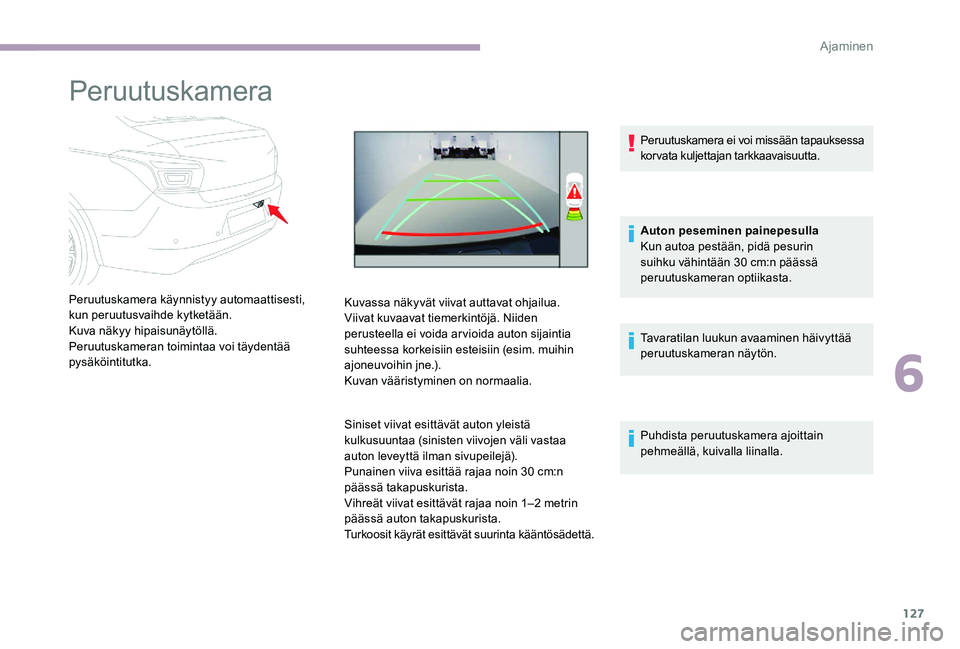 CITROEN C-ELYSÉE 2017 Omistajan Käsikirjat (in Finnish) 127
Peruutuskamera
Peruutuskamera käynnistyy automaattisesti,
kun peruutusvaihde kytketään.
Kuva näkyy hipaisunäytöllä.
Peruutuskameran toimintaa voi täydentää
pysäköintitutka.Kuvassa nà CITROEN C-ELYSÉE 2017 Omistajan Käsikirjat (in Finnish) 127
Peruutuskamera
Peruutuskamera käynnistyy automaattisesti,
kun peruutusvaihde kytketään.
Kuva näkyy hipaisunäytöllä.
Peruutuskameran toimintaa voi täydentää
pysäköintitutka.Kuvassa nÃ