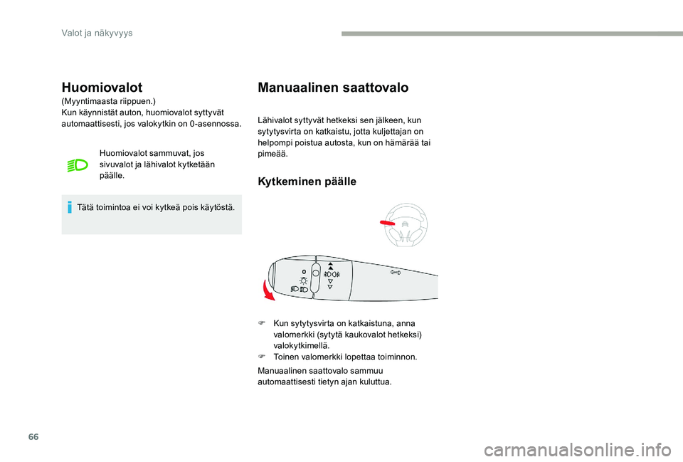 CITROEN C-ELYSÉE 2017  Omistajan Käsikirjat (in Finnish) 66
Huomiovalot
(Myyntimaasta riippuen.)
Kun käynnistät auton, huomiovalot syttyvät 
automaattisesti, jos valokytkin on 0-asennossa.Huomiovalot sammuvat, jos 
sivuvalot ja lähivalot kytketään 
p