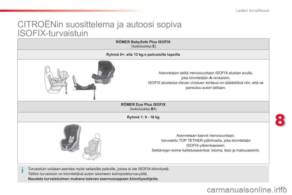 CITROEN C-ELYSÉE 2014 Omistajan Käsikirjat (in Finnish) 117
8
Lasten turvallisuus
CITROËNin suosittelema ja autoosi sopiva
ISOFIX-turvaistuin
Tur vaistuin voidaan asentaa myös sellaisille paikoille, joissa ei ole ISOFIX-k CITROEN C-ELYSÉE 2014 Omistajan Käsikirjat (in Finnish) 117
8
Lasten turvallisuus
CITROËNin suosittelema ja autoosi sopiva
ISOFIX-turvaistuin
Tur vaistuin voidaan asentaa myös sellaisille paikoille, joissa ei ole ISOFIX-k