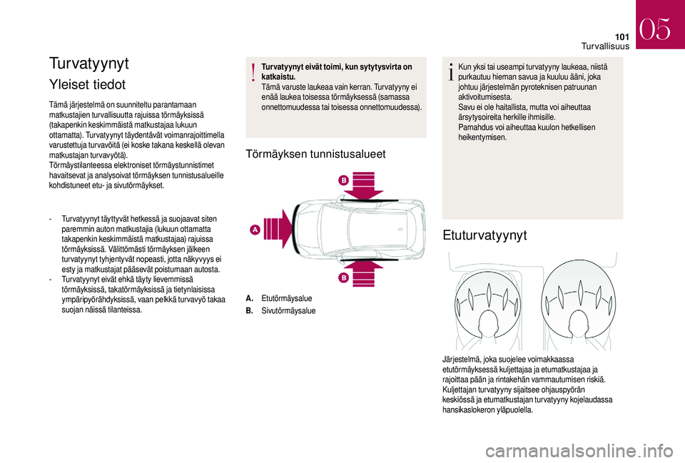 CITROEN DS3 2018  Omistajan Käsikirjat (in Finnish) 101
Tu r v a t y y n y t
Yleiset tiedot 
Tämä järjestelmä on suunniteltu parantamaan 
matkustajien turvallisuutta rajuissa törmäyksissä 
(takapenkin keskimmäistä matkustajaa lukuun 
ottamatta