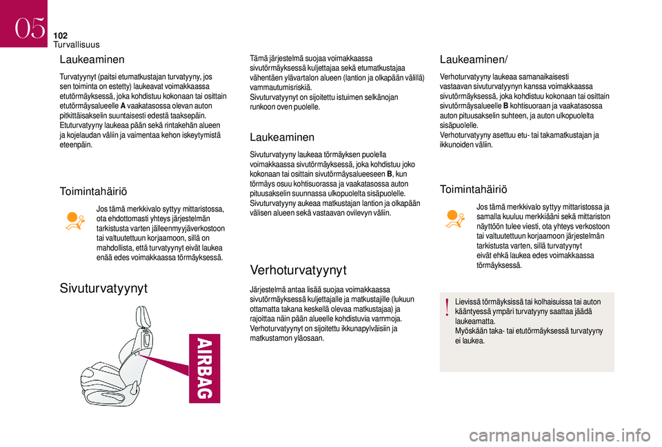 CITROEN DS3 2018  Omistajan Käsikirjat (in Finnish) 102
Laukeaminen
Turvatyynyt (paitsi etumatkustajan turvatyyny, jos 
sen toiminta on estetty) laukeavat voimakkaassa 
etutörmäyksessä, joka kohdistuu kokonaan tai osittain 
etutörmäysalueelle A va