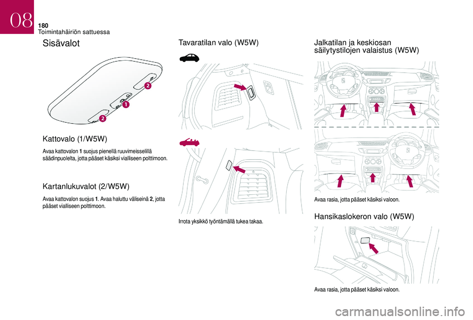 CITROEN DS3 2018 Omistajan Käsikirjat (in Finnish) 180
Sisävalot
K a t t ova l o (1/ W 5 W )
Avaa kattovalon 1 suojus pienellä ruuvimeisselillä
säädinpuolelta, jotta pääset käsiksi vialliseen polttimoon.
Kartanlukuvalot (2/W5W)
Avaa kattoval CITROEN DS3 2018 Omistajan Käsikirjat (in Finnish) 180
Sisävalot
K a t t ova l o (1/ W 5 W )
Avaa kattovalon 1 suojus pienellä ruuvimeisselillä
säädinpuolelta, jotta pääset käsiksi vialliseen polttimoon.
Kartanlukuvalot (2/W5W)
Avaa kattoval