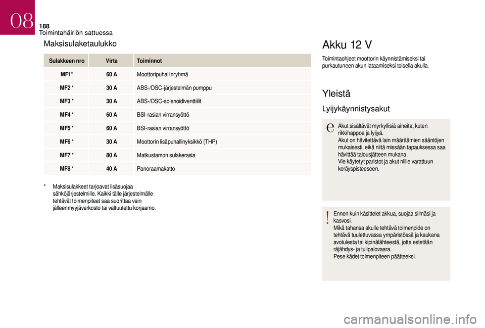 CITROEN DS3 2018 Omistajan Käsikirjat (in Finnish) 188
Akku 12 V
Toimintaohjeet moottorin käynnistämiseksi tai
purkautuneen akun lataamiseksi toisella akulla.
Yleistä
Lyijykäynnistysakut
Akut sisältävät myrkyllisiä aineita, kuten
rikkihappoa CITROEN DS3 2018 Omistajan Käsikirjat (in Finnish) 188
Akku 12 V
Toimintaohjeet moottorin käynnistämiseksi tai
purkautuneen akun lataamiseksi toisella akulla.
Yleistä
Lyijykäynnistysakut
Akut sisältävät myrkyllisiä aineita, kuten
rikkihappoa