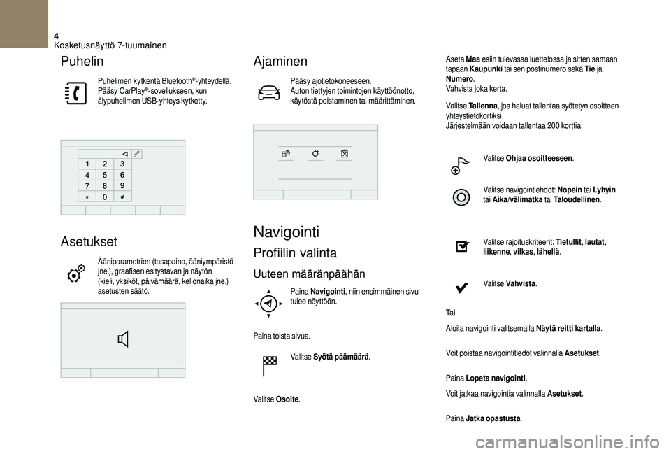 CITROEN DS3 2018 Omistajan Käsikirjat (in Finnish) 4
Puhelin
Puhelimen kytkentä Bluetooth®-yhteydellä.
Pääsy CarPlay®-sovellukseen, kun
älypuhelimen USB-yhteys kytketty.
Asetukset
Ääniparametrien (tasapaino, ääniympäristö
jne.), graafis CITROEN DS3 2018 Omistajan Käsikirjat (in Finnish) 4
Puhelin
Puhelimen kytkentä Bluetooth®-yhteydellä.
Pääsy CarPlay®-sovellukseen, kun
älypuhelimen USB-yhteys kytketty.
Asetukset
Ääniparametrien (tasapaino, ääniympäristö
jne.), graafis