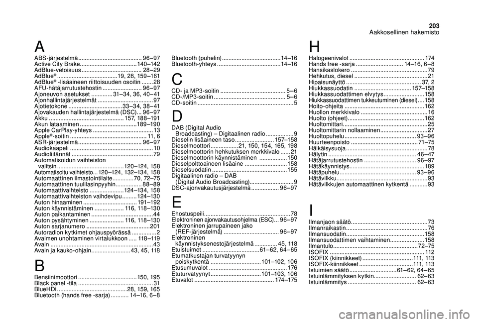 CITROEN DS3 CABRIO 2018  Omistajan Käsikirjat (in Finnish) 203
ABS-järjestelmä ....................................... 96 – 97
Active City Brake  ............................... ....140 –142
AdBlue-vetoisuus
 

..................................... 28�