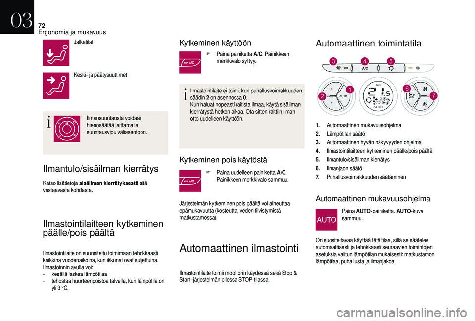 CITROEN DS3 CABRIO 2018  Omistajan Käsikirjat (in Finnish) 72
Jalkatilat
Keski- ja päätysuuttimetIlmansuuntausta voidaan 
hienosäätää laittamalla 
suuntausvipu väliasentoon.
Ilmantulo/sisäilman kierrätys
Katso lisätietoja sisäilman kierrätyksestä