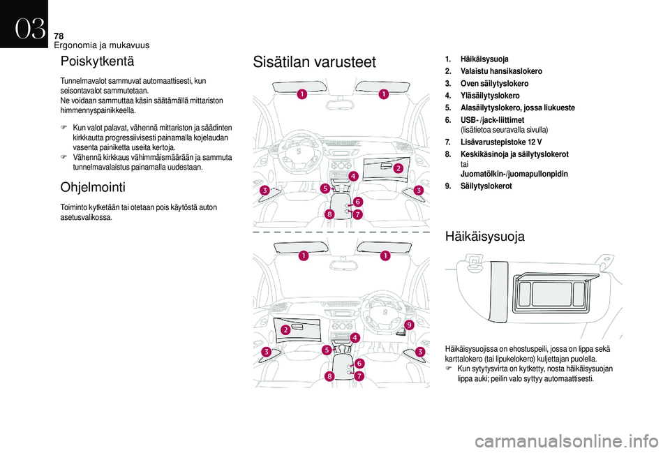 CITROEN DS3 2018 Omistajan Käsikirjat (in Finnish) 78
Poiskytkentä
Tunnelmavalot sammuvat automaattisesti, kun
seisontavalot sammutetaan.
Ne voidaan sammuttaa käsin säätämällä mittariston
himmennyspainikkeella.
F
K
un valot palavat, vähennà CITROEN DS3 2018 Omistajan Käsikirjat (in Finnish) 78
Poiskytkentä
Tunnelmavalot sammuvat automaattisesti, kun
seisontavalot sammutetaan.
Ne voidaan sammuttaa käsin säätämällä mittariston
himmennyspainikkeella.
F
K
un valot palavat, vähennÃ