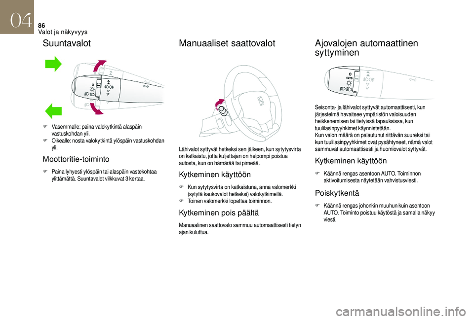 CITROEN DS3 2018 Omistajan Käsikirjat (in Finnish) 86
Suuntavalot
Moottoritie-toiminto
F Paina lyhyesti ylöspäin tai alaspäin vastekohtaa ylittämättä. Suuntavalot vilkkuvat 3 kertaa.
Manuaaliset saattovalot
Lähivalot syttyvät hetkeksi sen jä CITROEN DS3 2018 Omistajan Käsikirjat (in Finnish) 86
Suuntavalot
Moottoritie-toiminto
F Paina lyhyesti ylöspäin tai alaspäin vastekohtaa ylittämättä. Suuntavalot vilkkuvat 3 kertaa.
Manuaaliset saattovalot
Lähivalot syttyvät hetkeksi sen jä