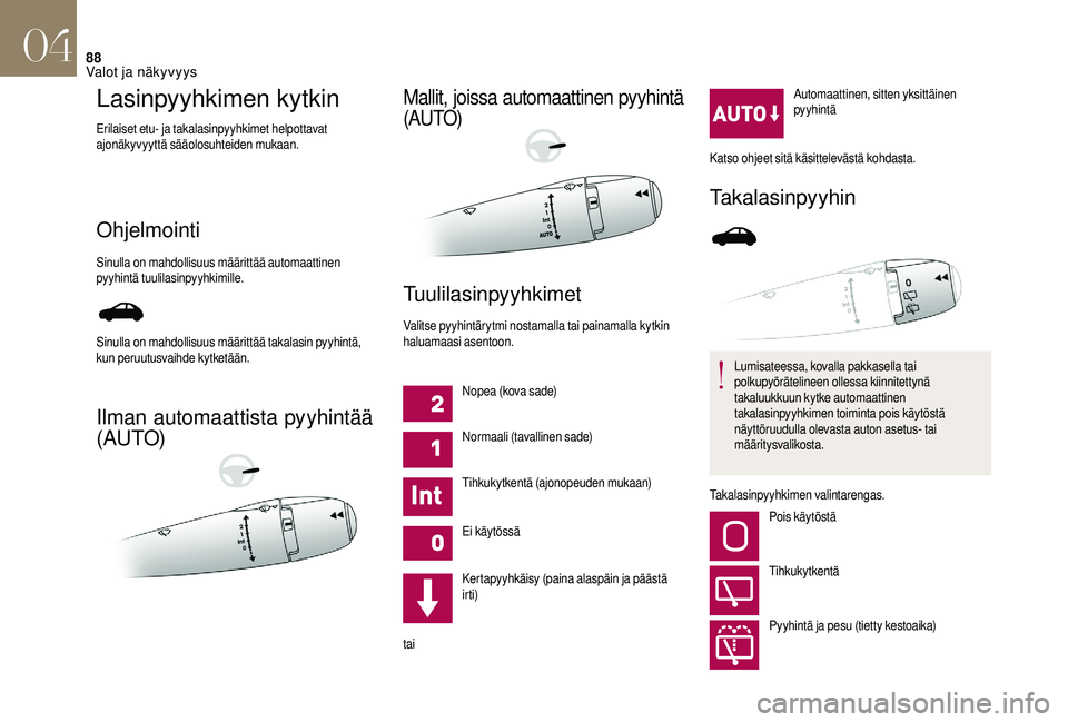 CITROEN DS3 2018 Omistajan Käsikirjat (in Finnish) 88
Lasinpyyhkimen kytkin
Erilaiset etu- ja takalasinpyyhkimet helpottavat
ajonäkyvyyttä sääolosuhteiden mukaan.
Ohjelmointi
Sinulla on mahdollisuus määrittää automaattinen
pyyhintä tuulilas CITROEN DS3 2018 Omistajan Käsikirjat (in Finnish) 88
Lasinpyyhkimen kytkin
Erilaiset etu- ja takalasinpyyhkimet helpottavat
ajonäkyvyyttä sääolosuhteiden mukaan.
Ohjelmointi
Sinulla on mahdollisuus määrittää automaattinen
pyyhintä tuulilas