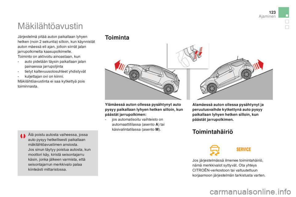 CITROEN DS3 2017 Omistajan Käsikirjat (in Finnish) 123
DS3_fi_Chap04_conduite_ed02-2015
Mäkilähtöavustin
Järjestelmä pitää auton paikallaan lyhyen
hetken (noin 2 sekuntia) silloin, kun käynnistät
auton mäessä eli ajan, jolloin siirrät j CITROEN DS3 2017 Omistajan Käsikirjat (in Finnish) 123
DS3_fi_Chap04_conduite_ed02-2015
Mäkilähtöavustin
Järjestelmä pitää auton paikallaan lyhyen
hetken (noin 2 sekuntia) silloin, kun käynnistät
auton mäessä eli ajan, jolloin siirrät j