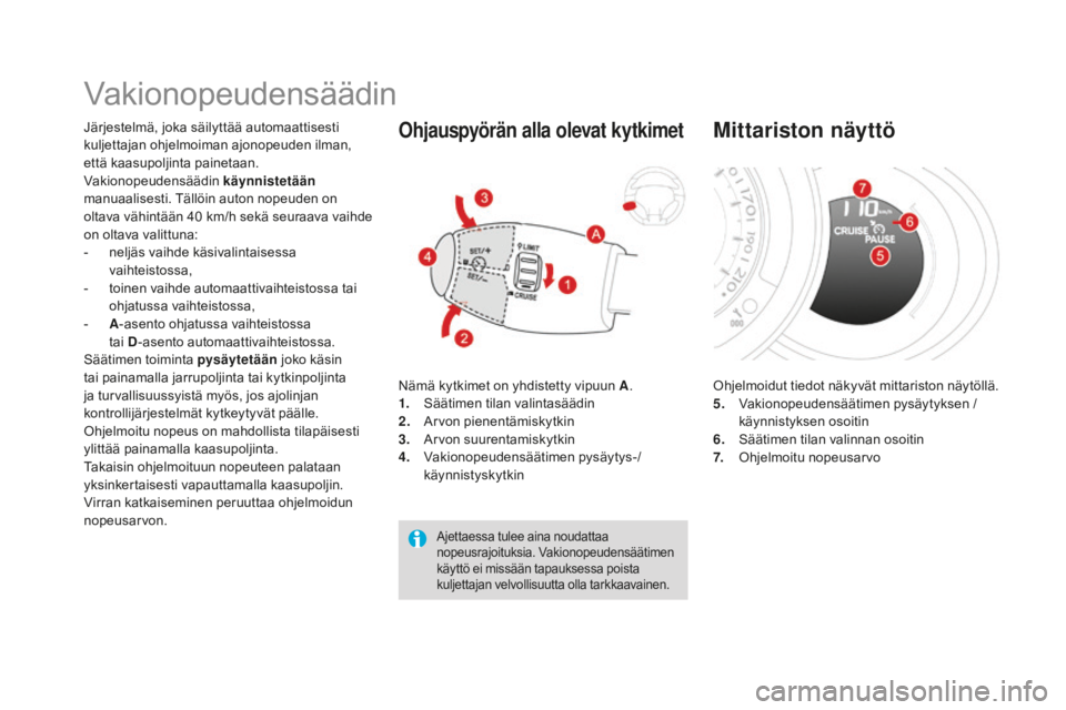 CITROEN DS3 2017 Omistajan Käsikirjat (in Finnish) DS3_fi_Chap04_conduite_ed02-2015
Vakionopeudensäädin
Järjestelmä, joka säilyttää automaattisesti
kuljettajan ohjelmoiman ajonopeuden ilman,
että kaasupoljinta painetaan.
Vakionopeudensäädi CITROEN DS3 2017 Omistajan Käsikirjat (in Finnish) DS3_fi_Chap04_conduite_ed02-2015
Vakionopeudensäädin
Järjestelmä, joka säilyttää automaattisesti
kuljettajan ohjelmoiman ajonopeuden ilman,
että kaasupoljinta painetaan.
Vakionopeudensäädi
