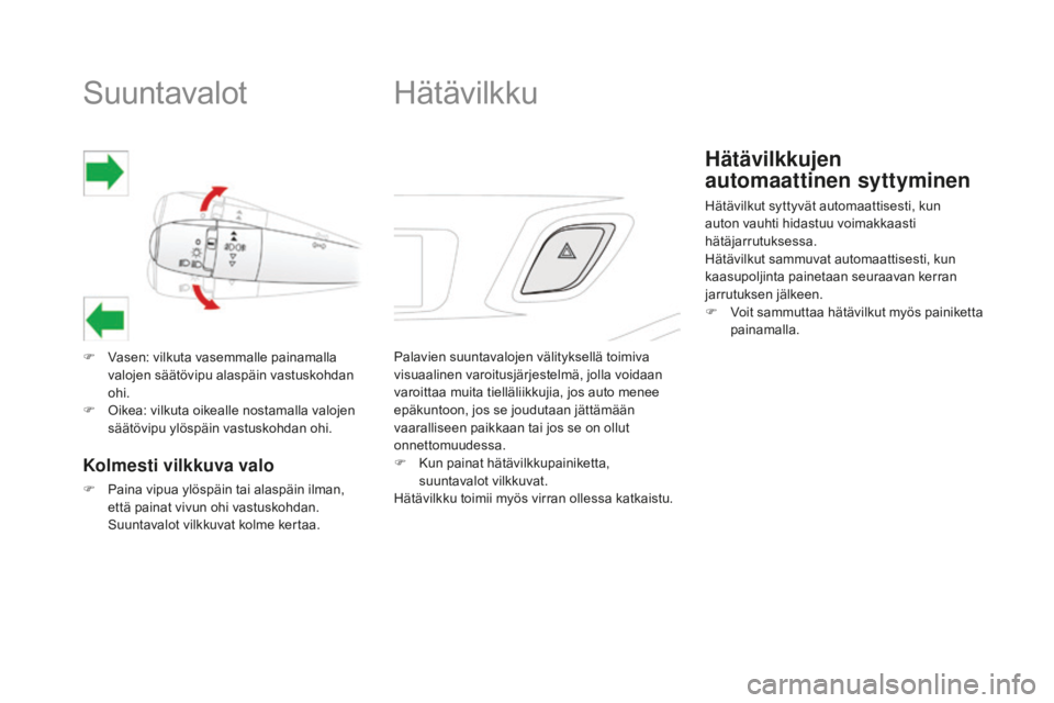 CITROEN DS3 2017  Omistajan Käsikirjat (in Finnish) DS3_fi_Chap06_securite_ed02-2015
Suuntavalot
F Vasen: vilkuta vasemmalle painamalla valojen säätövipu alaspäin vastuskohdan 
ohi.
F
 
O
 ikea: vilkuta oikealle nostamalla valojen 
säätövipu yl