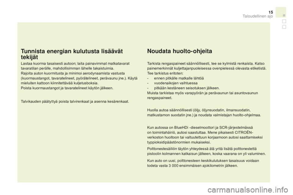 CITROEN DS3 2017 Omistajan Käsikirjat (in Finnish) 15
DS3_fi_Chap00c_eco-conduite_ed02-2015
Tunnista energian kulutusta lisäävät
tekijät
Lastaa kuorma tasaisesti autoon; laita painavimmat matkatavarat
tavaratilan perälle, mahdollisimman lähell CITROEN DS3 2017 Omistajan Käsikirjat (in Finnish) 15
DS3_fi_Chap00c_eco-conduite_ed02-2015
Tunnista energian kulutusta lisäävät
tekijät
Lastaa kuorma tasaisesti autoon; laita painavimmat matkatavarat
tavaratilan perälle, mahdollisimman lähell