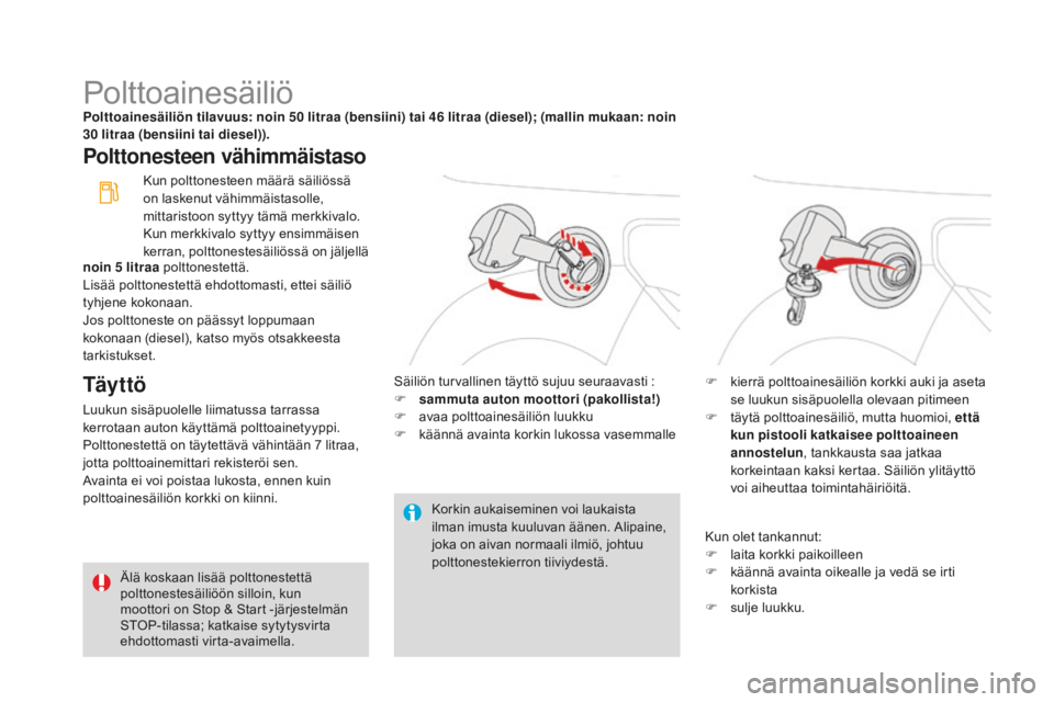CITROEN DS3 2017  Omistajan Käsikirjat (in Finnish) DS3_fi_Chap08_info-pratiques_ed02-2015
Polttoainesäiliöpolttoainesäiliön tilavuus: noin 50 litraa (bensiini) tai 46  litraa (diesel); (mallin mukaan: noin 
30   litraa (bensiini tai diesel)).
polt