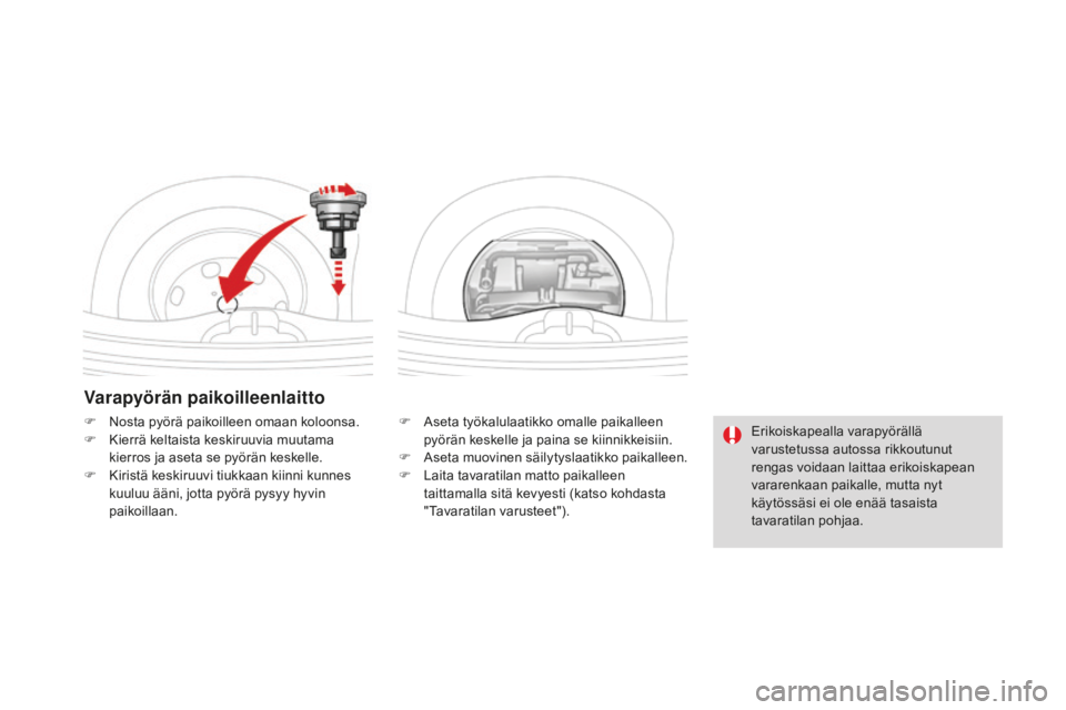 CITROEN DS3 2017 Omistajan Käsikirjat (in Finnish) DS3_fi_Chap08_info-pratiques_ed02-2015
Varapyörän paikoilleenlaitto
F Aseta työkalulaatikko omalle paikalleen pyörän keskelle ja paina se kiinnikkeisiin.
F
A
seta muovinen säilytyslaatikko pa CITROEN DS3 2017 Omistajan Käsikirjat (in Finnish) DS3_fi_Chap08_info-pratiques_ed02-2015
Varapyörän paikoilleenlaitto
F Aseta työkalulaatikko omalle paikalleen pyörän keskelle ja paina se kiinnikkeisiin.
F
A
seta muovinen säilytyslaatikko pa