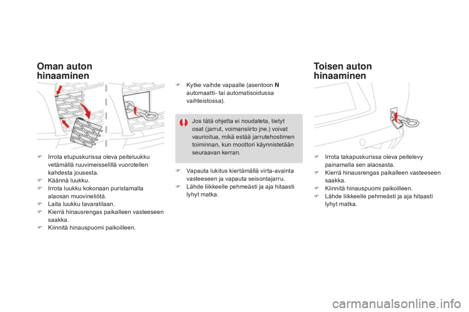 CITROEN DS3 2017  Omistajan Käsikirjat (in Finnish) DS3_fi_Chap08_info-pratiques_ed02-2015
F Irrota etupuskurissa oleva peiteluukku vetämällä ruuvimeisselillä vuorotellen 
kahdesta jousesta.
F
 
K
 äännä luukku.
F
 
I
 rrota luukku kokonaan puri