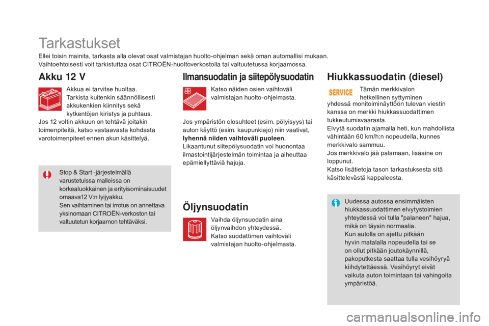 CITROEN DS3 2017  Omistajan Käsikirjat (in Finnish) DS3_fi_Chap09_verifications_ed02-2015
Tarkastukset
Akku 12 VIlmansuodatin ja siitepölysuodatin
ÖljynsuodatinHiukkassuodatin (diesel)
Ellei toisin mainita, tarkasta alla olevat osat valmistajan huolt