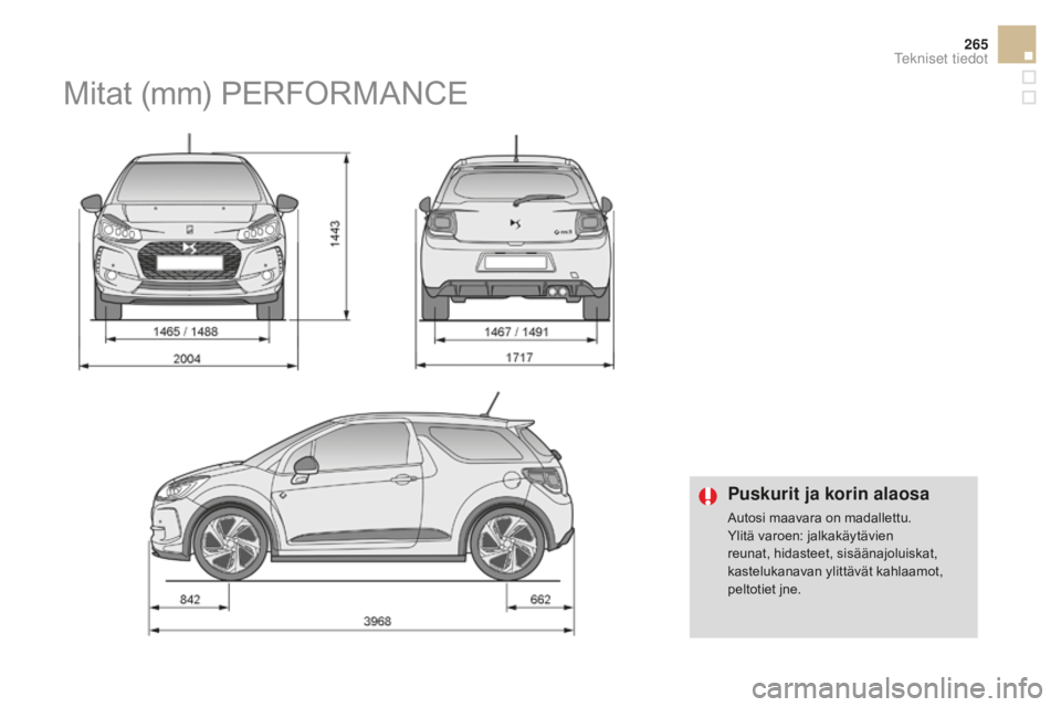 CITROEN DS3 2017  Omistajan Käsikirjat (in Finnish) 265
DS3_fi_Chap10_caracteristiques_ed02-2015
puskurit ja korin alaosa
Autosi maavara on madallettu.
Ylitä varoen: jalkakäytävien 
reunat, hidasteet, sisäänajoluiskat, 
kastelukanavan ylittävät 