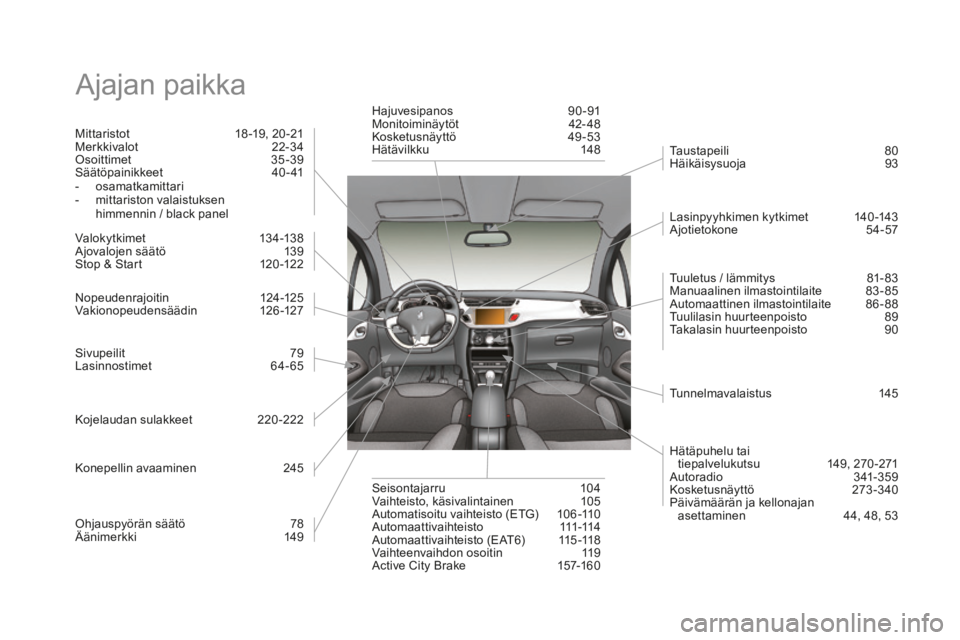 CITROEN DS3 2017 Omistajan Käsikirjat (in Finnish) DS3_fi_Chap12_index-recherche_ed02-2015
Ajajan paikka
Mittaristot 18 -19, 20 -21
Merkkivalot 2 2-34
Osoittimet
3
5-39
Säätöpainikkeet
4
0- 41
-
o
samatkamittari
-
m
ittariston valaist CITROEN DS3 2017 Omistajan Käsikirjat (in Finnish) DS3_fi_Chap12_index-recherche_ed02-2015
Ajajan paikka
Mittaristot 18 -19, 20 -21
Merkkivalot 2 2-34
Osoittimet
3
5-39
Säätöpainikkeet
4
0- 41
-
o
samatkamittari
-
m
ittariston valaist