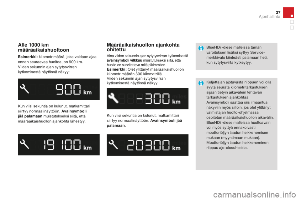 CITROEN DS3 2017 Omistajan Käsikirjat (in Finnish) 37
DS3_fi_Chap01_controle-de-marche_ed02-2015
Alle 1000 km
m ääräaikaishuoltoon
Esimerkki: kilometrimäärä, joka voidaan ajaa
ennen seuraavaa huoltoa, on 900 km.
Viiden sekunnin ajan sytytys CITROEN DS3 2017 Omistajan Käsikirjat (in Finnish) 37
DS3_fi_Chap01_controle-de-marche_ed02-2015
Alle 1000 km
m ääräaikaishuoltoon
Esimerkki: kilometrimäärä, joka voidaan ajaa
ennen seuraavaa huoltoa, on 900 km.
Viiden sekunnin ajan sytytys