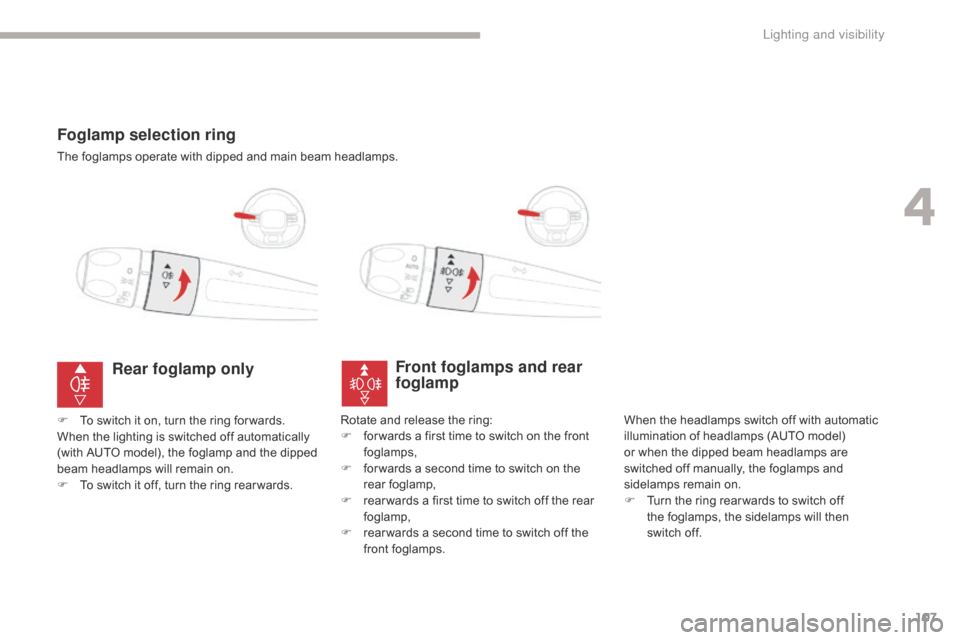 Citroen C3 2017 2.G Owners Manual 107
B618_en_Chap04_Eclairage-et-visibilite_ed01-2016
Foglamp selection ring
The foglamps operate with dipped and main beam headlamps.
Front foglamps and rear 
foglamp
When the headlamps switch off wit