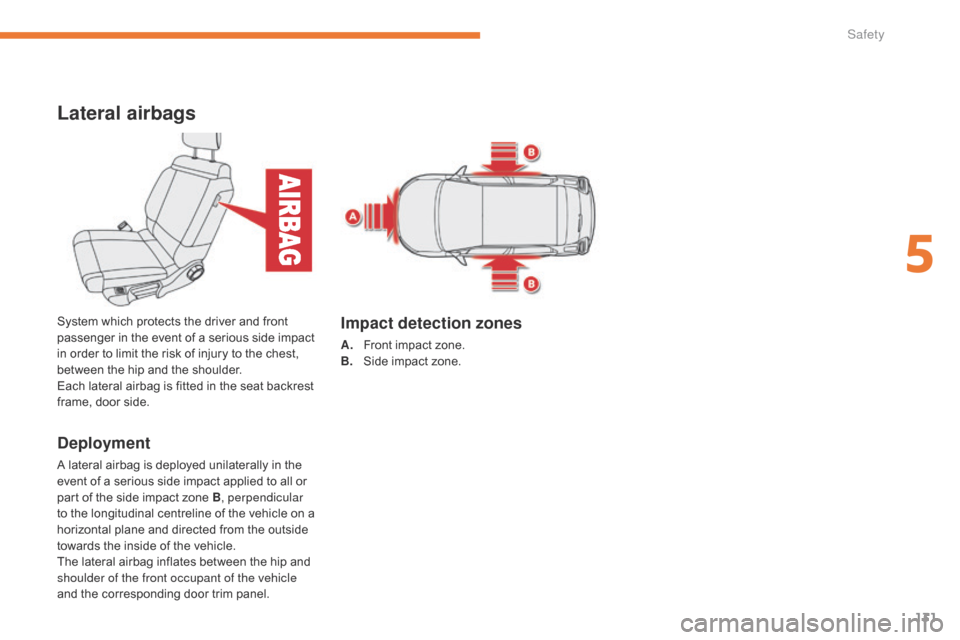 Citroen C3 2017 2.G Owners Guide 131
B618_en_Chap05_securite_ed01-2016
Lateral airbags
Deployment
A lateral airbag is deployed unilaterally in the 
event of a serious side impact applied to all or 
part of the side impact zone B, per