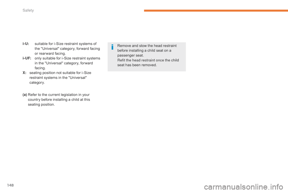 Citroen C3 2017 2.G Owners Manual 148
B618_en_Chap05_securite_ed01-2016
Remove and stow the head restraint 
before installing a child seat on a 
passenger seat.
Refit the head restraint once the child 
seat has been removed.
i- U: s
u