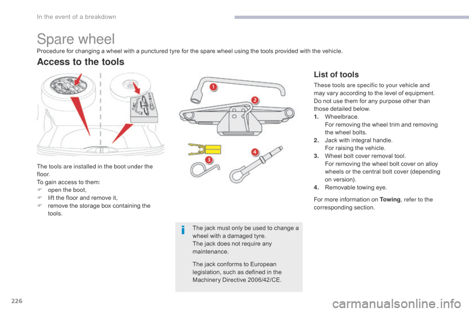 Citroen C3 2017 2.G Owners Manual 226
B618_en_Chap08_En-cas-de-panne_ed01-2016
Spare wheel
The tools are installed in the boot under the 
f l o o r.
To gain access to them:
F 
o
 pen the boot,
F
 
l
 ift the floor and remove it,
F
 
r