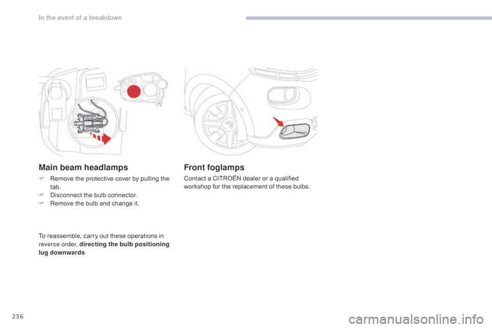 Citroen C3 2017 2.G Owners Manual 236
B618_en_Chap08_En-cas-de-panne_ed01-2016
Front foglamps
Contact a CITROËN dealer or a qualified 
workshop for the replacement of these bulbs.
Main beam headlamps
F Remove the protective cover by 