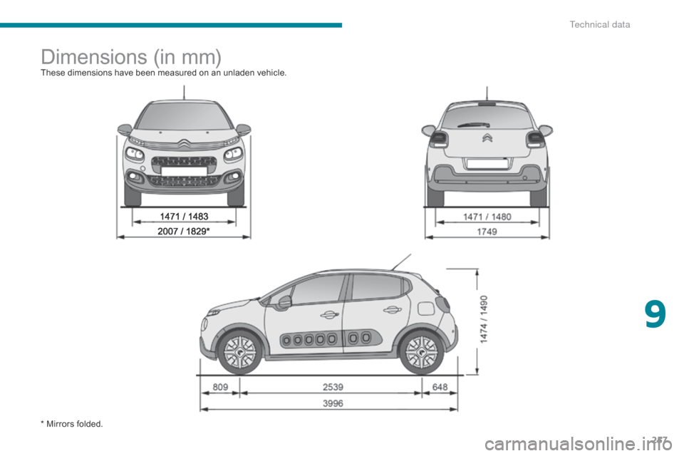 Citroen C3 2017 2.G Owners Manual 257
B618_en_Chap09_caracteristiques-techniques_ed01-2016
Dimensions (in mm)These dimensions have been measured on an unladen vehicle.
* Mirrors folded.
9 
T  