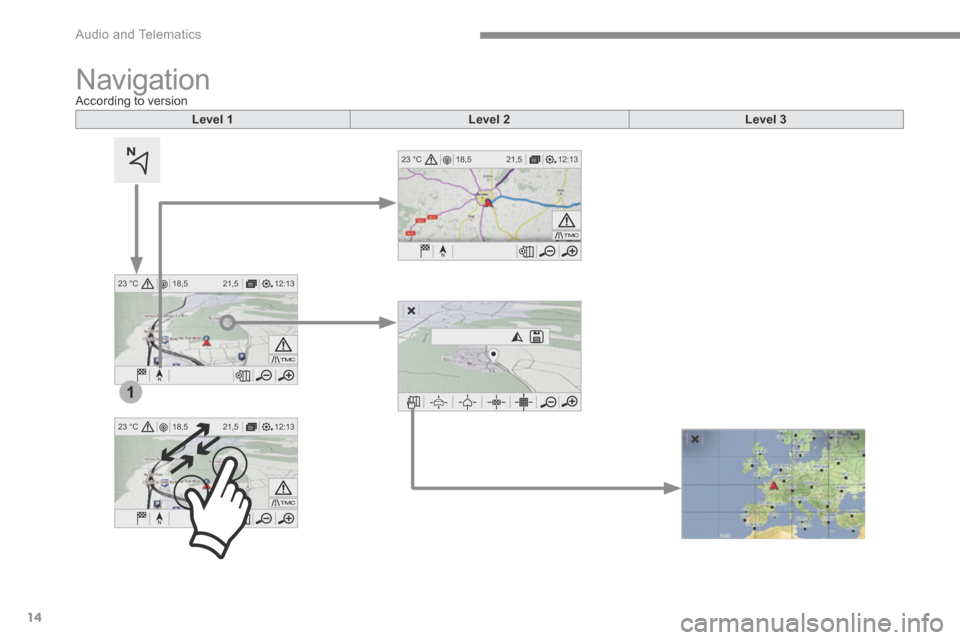 Citroen C3 2017 2.G Owners Manual 14
12:13
18,5 21,5
23 °C
12:13
18,5 21,5
23 °C
1
12:13
18,5 21,5
23 °C
 Audio and Telematics 
 Navigation            A c c o r d i n g   t o   v e r s i o n   
Level 1Level 2Level 3 