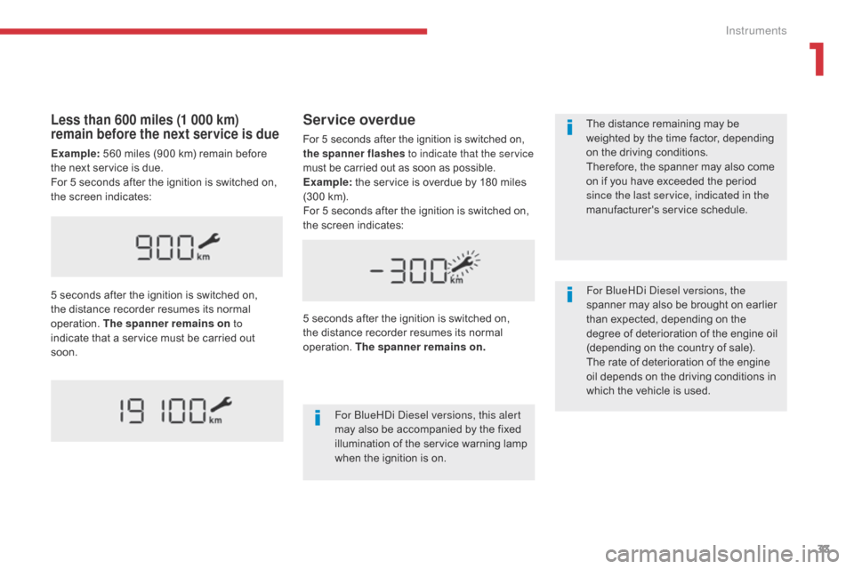 Citroen C3 2017 2.G Owners Manual 33
B618_en_Chap01_Instruments-de-bord_ed01-2016
Service overdue
For 5 seconds after the ignition is switched on, 
the spanner flashes to indicate that the service 
must be carried out as soon as possi