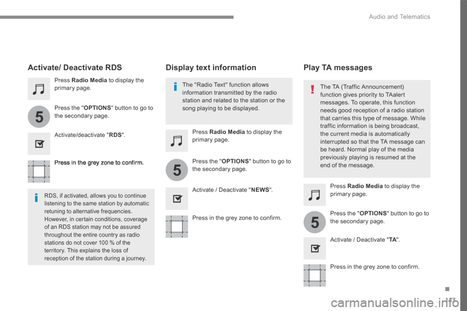 Citroen C3 2017 2.G User Guide 113
.
5
5
5
 Audio and Telematics 
Transversal-Citroen_en_Chap02_RCC-2-2-0_ed01-2016
  Press in the grey zone to confirm.  
  Press in the grey zone to confirm.   
  Press in the grey zone to confirm.