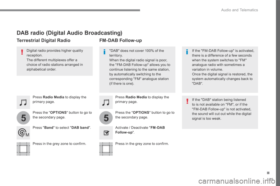Citroen C3 2017 2.G Manual Online 115
.
55
 Audio and Telematics 
Transversal-Citroen_en_Chap02_RCC-2-2-0_ed01-2016
        DAB  radio  (Digital  Audio  Broadcasting) 
  Press   Radio Media  to display the primary page.  
  Press  the
