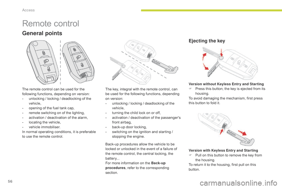 Citroen C3 2017 2.G Owners Manual 56
B618_en_Chap02_ouvertures_ed01-2016
General points
Remote control
The remote control can be used for the 
following functions, depending on version:
- 
u
 nlocking / locking / deadlocking of the 
v