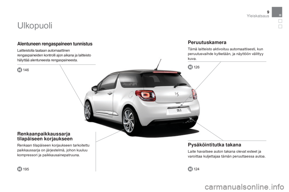 CITROEN DS3 2016 Omistajan Käsikirjat (in Finnish) 9
DS3_fi_Chap00b_vue-ensemble_ed01-2015
Alentuneen rengaspaineen tunnistus
Laitteistolla taataan automaattinen
rengaspaineiden kontrolli ajon aikana ja laitteisto
hälyttää alentuneesta rengaspain CITROEN DS3 2016 Omistajan Käsikirjat (in Finnish) 9
DS3_fi_Chap00b_vue-ensemble_ed01-2015
Alentuneen rengaspaineen tunnistus
Laitteistolla taataan automaattinen
rengaspaineiden kontrolli ajon aikana ja laitteisto
hälyttää alentuneesta rengaspain