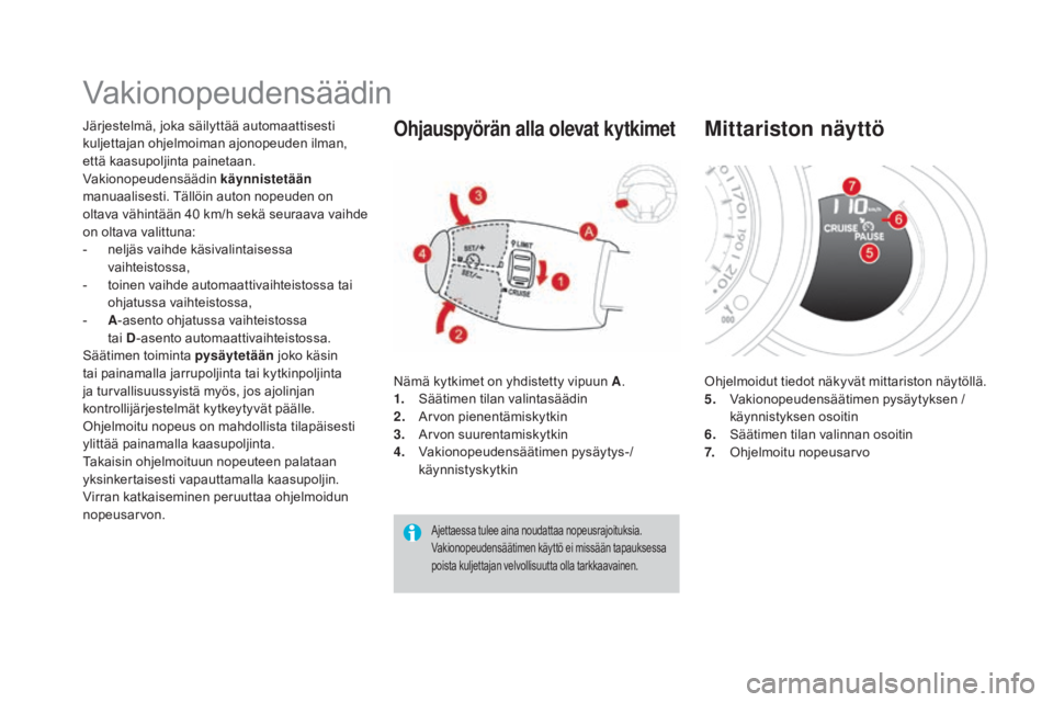 CITROEN DS3 2016 Omistajan Käsikirjat (in Finnish) DS3_fi_Chap04_conduite_ed01-2015
Vakionopeudensäädin
Järjestelmä, joka säilyttää automaattisesti
kuljettajan ohjelmoiman ajonopeuden ilman,
että kaasupoljinta painetaan.
Vakionopeudensäädi CITROEN DS3 2016 Omistajan Käsikirjat (in Finnish) DS3_fi_Chap04_conduite_ed01-2015
Vakionopeudensäädin
Järjestelmä, joka säilyttää automaattisesti
kuljettajan ohjelmoiman ajonopeuden ilman,
että kaasupoljinta painetaan.
Vakionopeudensäädi