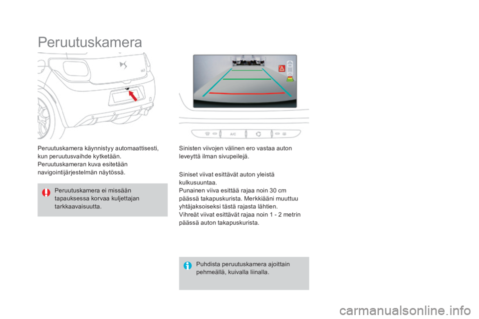CITROEN DS3 2016 Omistajan Käsikirjat (in Finnish) DS3_fi_Chap04_conduite_ed01-2015
Peruutuskamera
Peruutuskamera ei missään
tapauksessa korvaa kuljettajan
tarkkaavaisuutta. Puhdista peruutuskamera ajoittain
pehmeällä, kuivalla liinalla.
Peruut CITROEN DS3 2016 Omistajan Käsikirjat (in Finnish) DS3_fi_Chap04_conduite_ed01-2015
Peruutuskamera
Peruutuskamera ei missään
tapauksessa korvaa kuljettajan
tarkkaavaisuutta. Puhdista peruutuskamera ajoittain
pehmeällä, kuivalla liinalla.
Peruut