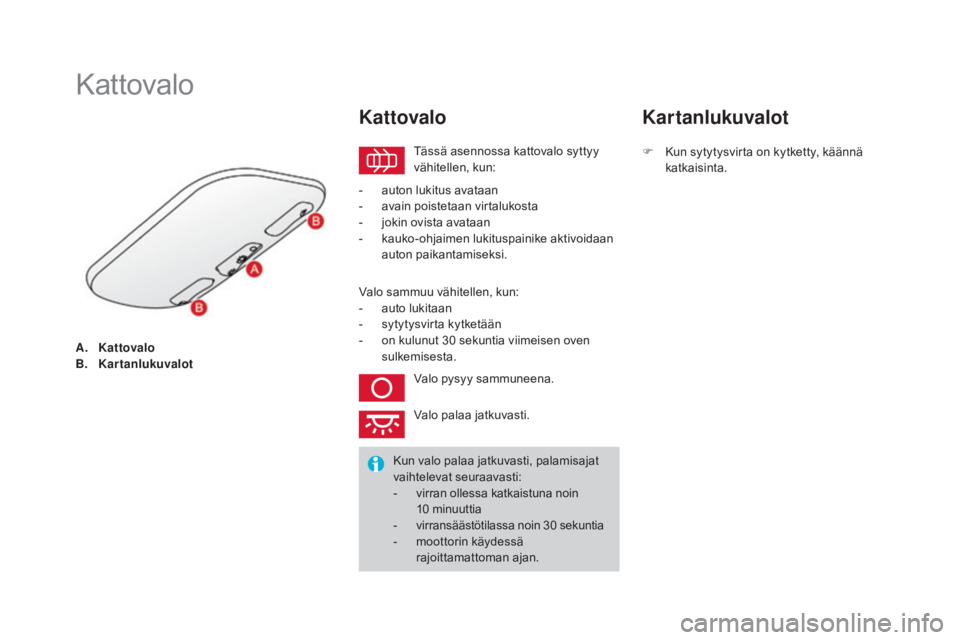 CITROEN DS3 2016 Omistajan Käsikirjat (in Finnish) DS3_fi_Chap05_visibilite_ed01-2015
A. Kattovalo
B. Kartanlukuvalot
Kattovalo
Tässä asennossa kattovalo syttyy
vähitellen, kun:
Kattovalo
- auton lukitus avataan
- a vain poistetaan virtalukosta
-
CITROEN DS3 2016 Omistajan Käsikirjat (in Finnish) DS3_fi_Chap05_visibilite_ed01-2015
A. Kattovalo
B. Kartanlukuvalot
Kattovalo
Tässä asennossa kattovalo syttyy
vähitellen, kun:
Kattovalo
- auton lukitus avataan
- a vain poistetaan virtalukosta
-
