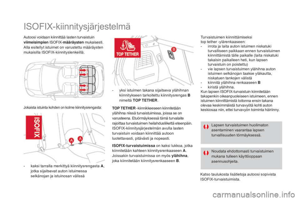 CITROEN DS3 2016 Omistajan Käsikirjat (in Finnish) DS3_fi_Chap07_securite-enfants_ed01-2015
Autoosi voidaan kiinnittää lasten turvaistuin
viimeisimpien ISOFIX-määräysten mukaisesti.
Alla esitellyt istuimet on varustettu määräysten
mukaisill CITROEN DS3 2016 Omistajan Käsikirjat (in Finnish) DS3_fi_Chap07_securite-enfants_ed01-2015
Autoosi voidaan kiinnittää lasten turvaistuin
viimeisimpien ISOFIX-määräysten mukaisesti.
Alla esitellyt istuimet on varustettu määräysten
mukaisill