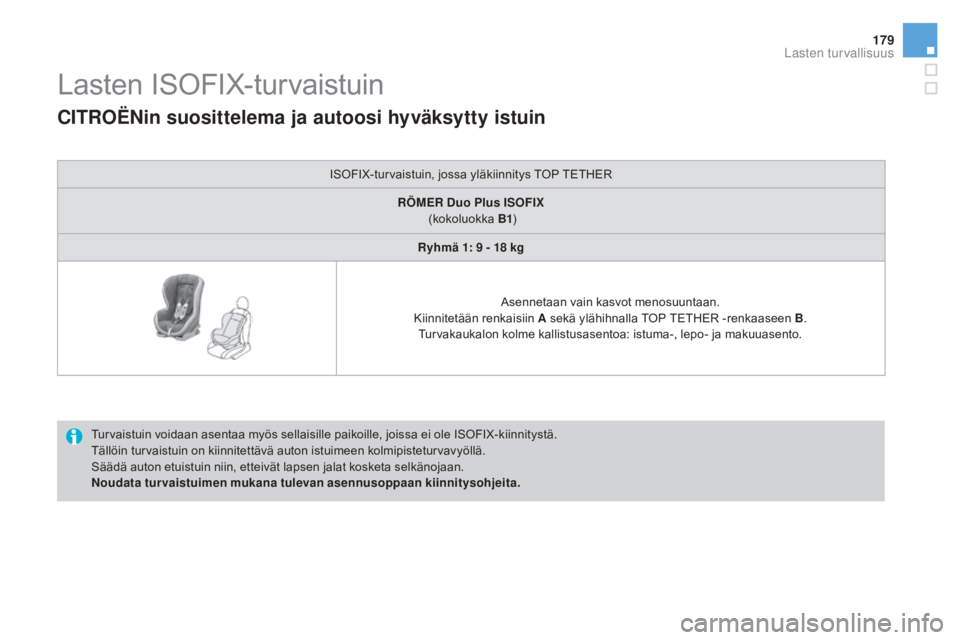 CITROEN DS3 2016 Omistajan Käsikirjat (in Finnish) 179
DS3_fi_Chap07_securite-enfants_ed01-2015
Lasten ISOFIX-turvaistuin
Turvaistuin voidaan asentaa myös sellaisille paikoille, joissa ei ole ISOFIX-kiinnitystä.
Tällöin turvaistuin on kiinnitettä CITROEN DS3 2016 Omistajan Käsikirjat (in Finnish) 179
DS3_fi_Chap07_securite-enfants_ed01-2015
Lasten ISOFIX-turvaistuin
Turvaistuin voidaan asentaa myös sellaisille paikoille, joissa ei ole ISOFIX-kiinnitystä.
Tällöin turvaistuin on kiinnitettä