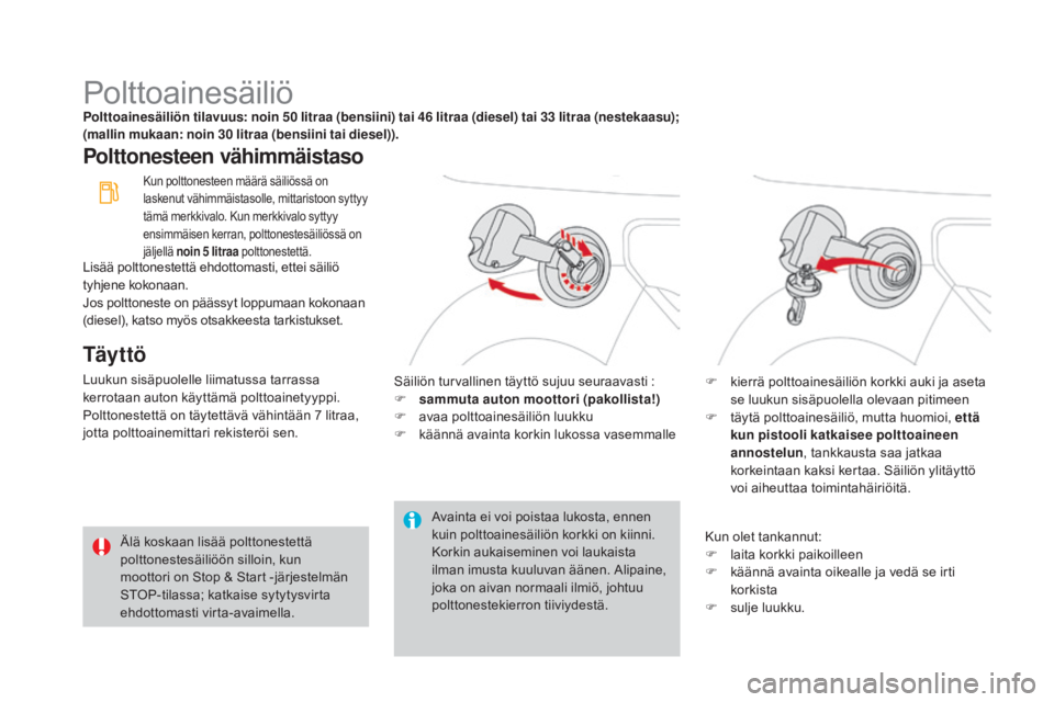 CITROEN DS3 2016 Omistajan Käsikirjat (in Finnish) DS3_fi_Chap08_info-pratiques_ed01-2015
Polttoainesäiliöpolttoainesäiliön tilavuus: noin 50 litraa (bensiini) tai 46 litraa (diesel) tai 33 litraa (nestekaasu);
(mallin mukaan: noin 30 litraa (ben CITROEN DS3 2016 Omistajan Käsikirjat (in Finnish) DS3_fi_Chap08_info-pratiques_ed01-2015
Polttoainesäiliöpolttoainesäiliön tilavuus: noin 50 litraa (bensiini) tai 46 litraa (diesel) tai 33 litraa (nestekaasu);
(mallin mukaan: noin 30 litraa (ben