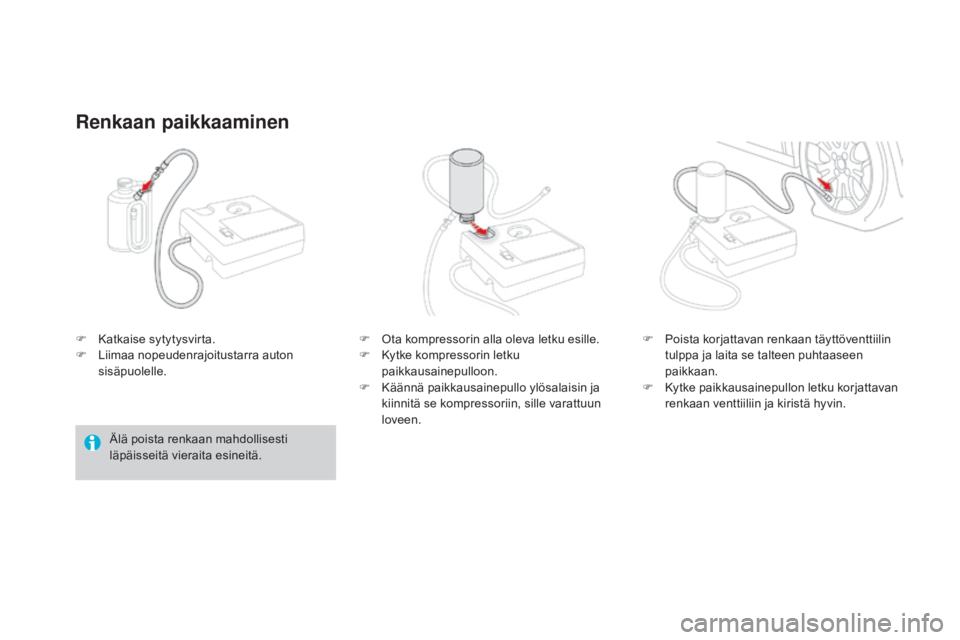 CITROEN DS3 2016 Omistajan Käsikirjat (in Finnish) DS3_fi_Chap08_info-pratiques_ed01-2015
F Katkaise sytytysvirta.
F L iimaa nopeudenrajoitustarra auton
sisäpuolelle.
Renkaan paikkaaminen
Älä poista renkaan mahdollisesti
läpäisseitä vieraita e CITROEN DS3 2016 Omistajan Käsikirjat (in Finnish) DS3_fi_Chap08_info-pratiques_ed01-2015
F Katkaise sytytysvirta.
F L iimaa nopeudenrajoitustarra auton
sisäpuolelle.
Renkaan paikkaaminen
Älä poista renkaan mahdollisesti
läpäisseitä vieraita e