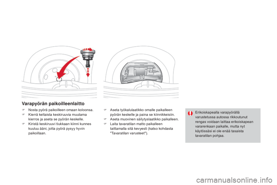 CITROEN DS3 2016 Omistajan Käsikirjat (in Finnish) DS3_fi_Chap08_info-pratiques_ed01-2015
Varapyörän paikoilleenlaitto
F Aseta työkalulaatikko omalle paikalleen pyörän keskelle ja paina se kiinnikkeisiin.
F
A
seta muovinen säilytyslaatikko pa CITROEN DS3 2016 Omistajan Käsikirjat (in Finnish) DS3_fi_Chap08_info-pratiques_ed01-2015
Varapyörän paikoilleenlaitto
F Aseta työkalulaatikko omalle paikalleen pyörän keskelle ja paina se kiinnikkeisiin.
F
A
seta muovinen säilytyslaatikko pa