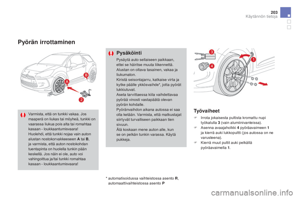 CITROEN DS3 2016 Omistajan Käsikirjat (in Finnish) 203
DS3_fi_Chap08_info-pratiques_ed01-2015
pyörän irrottaminen
pysäköinti
Pysäytä auto sellaiseen paikkaan,
ettei se häiritse muuta liikennettä.
Alustan on oltava tasainen, vakaa ja
liukuma CITROEN DS3 2016 Omistajan Käsikirjat (in Finnish) 203
DS3_fi_Chap08_info-pratiques_ed01-2015
pyörän irrottaminen
pysäköinti
Pysäytä auto sellaiseen paikkaan,
ettei se häiritse muuta liikennettä.
Alustan on oltava tasainen, vakaa ja
liukuma