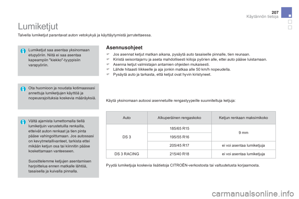 CITROEN DS3 2016 Omistajan Käsikirjat (in Finnish) 207
DS3_fi_Chap08_info-pratiques_ed01-2015
Suosittelemme ketjujen asentamisen
harjoittelua ennen matkalle lähtöä,
tasaisella ja kuivalla pinnalla.
Lumiketjut
Talvella lumiketjut parantavat auton CITROEN DS3 2016 Omistajan Käsikirjat (in Finnish) 207
DS3_fi_Chap08_info-pratiques_ed01-2015
Suosittelemme ketjujen asentamisen
harjoittelua ennen matkalle lähtöä,
tasaisella ja kuivalla pinnalla.
Lumiketjut
Talvella lumiketjut parantavat auton