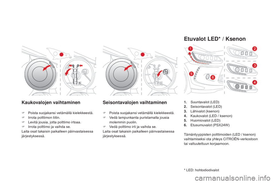 CITROEN DS3 2016 Omistajan Käsikirjat (in Finnish) DS3_fi_Chap08_info-pratiques_ed01-2015
Kaukovalojen vaihtaminen Seisontavalojen vaihtaminen
F Poista suojakansi vetämällä kielekkeestä.
F I rrota polttimon liitin.
F
L
evitä jousia, jotta polt CITROEN DS3 2016 Omistajan Käsikirjat (in Finnish) DS3_fi_Chap08_info-pratiques_ed01-2015
Kaukovalojen vaihtaminen Seisontavalojen vaihtaminen
F Poista suojakansi vetämällä kielekkeestä.
F I rrota polttimon liitin.
F
L
evitä jousia, jotta polt
